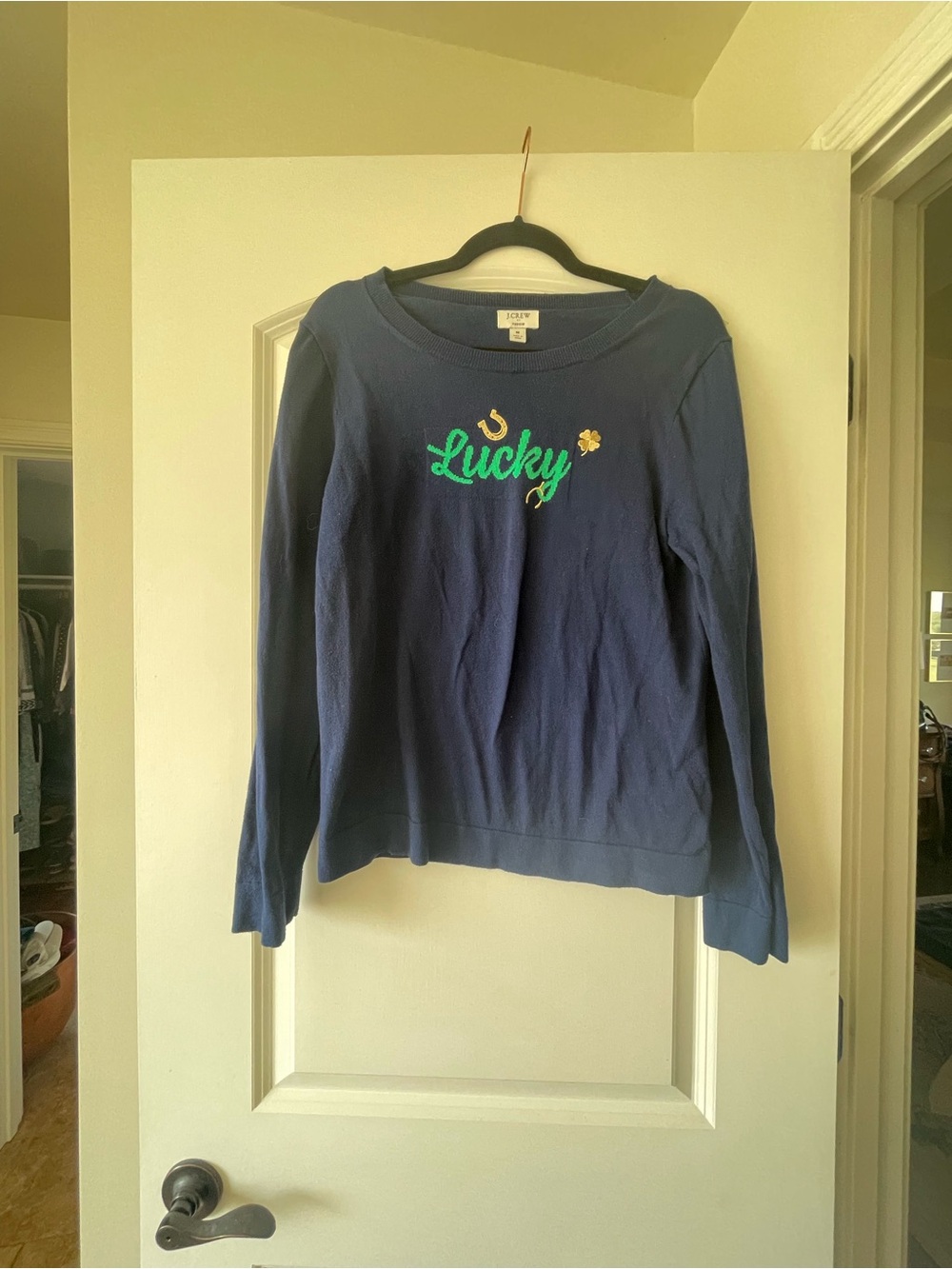 J. Crew Navy "Lucky" Crewneck Sweatshirt with Green Script